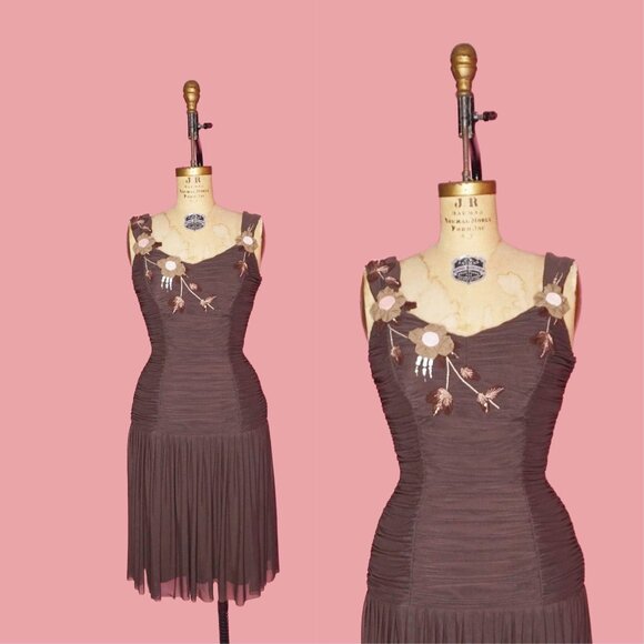 Y2K SUE WONG Chocolate Brown RUCHED Draped Floral Appliqué Sequins and Beads